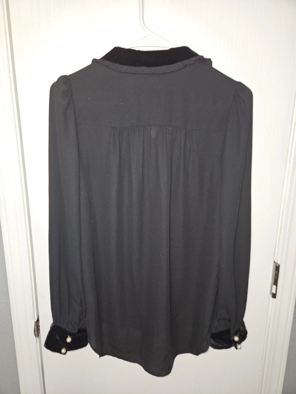 Black Satin Pearl Button-Front Blouse with Velvet Trim